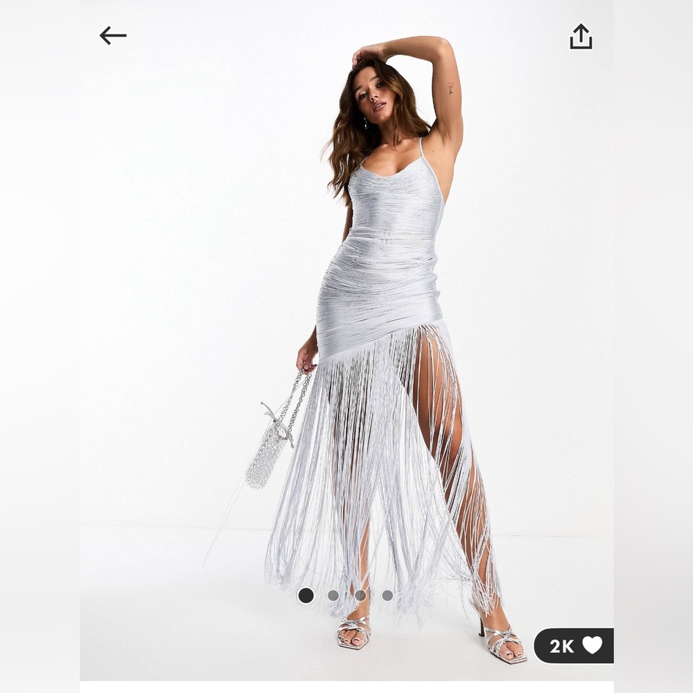 ASOS DESIGN Fringe Cowl Halter Maxi Dress in Silver,  Size 0 NWT